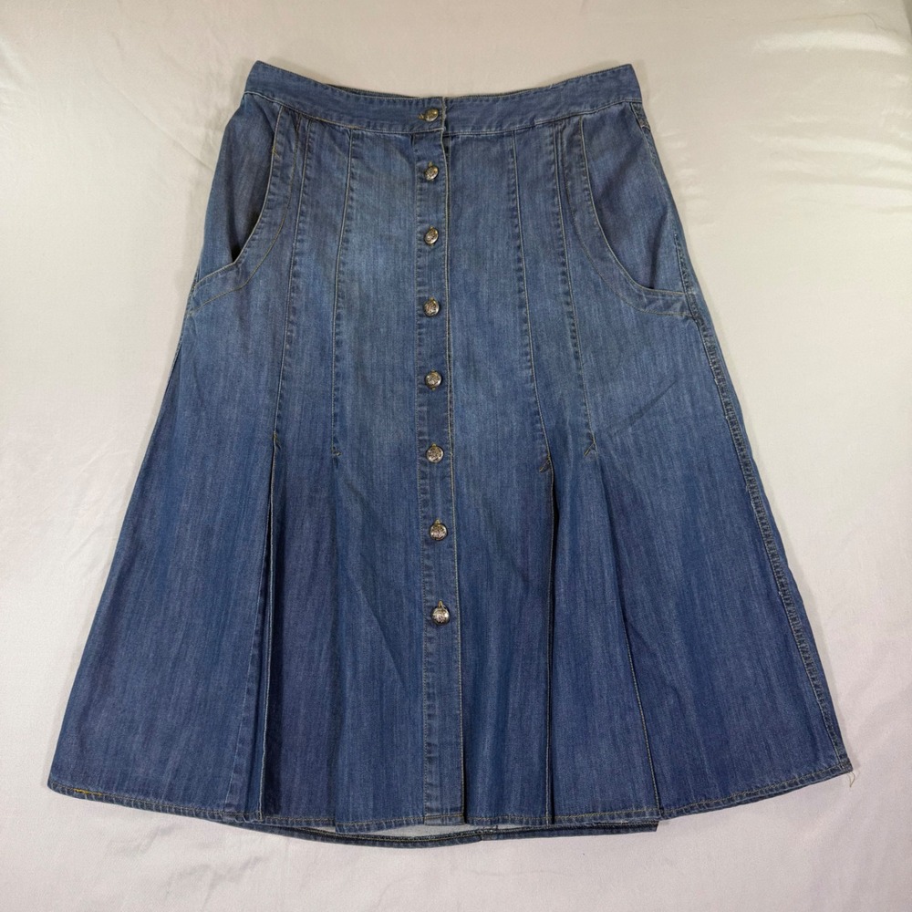 Vintage Denim Midi Skirt 14Button Front A-Line Pleated Western Prairie Farmhouse
